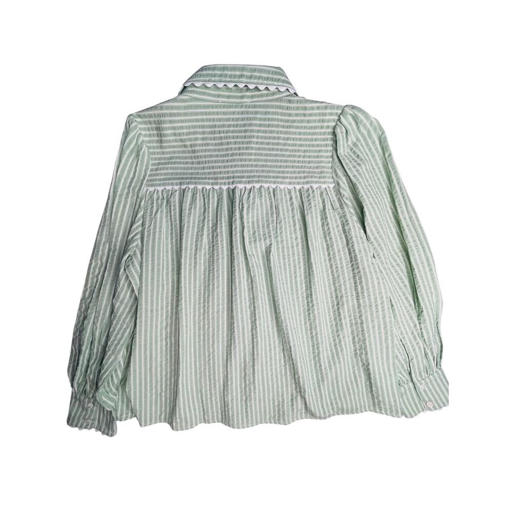 Entro sage green striped blouse L scalloped collar button front cotton blend - Picture 15 of 15